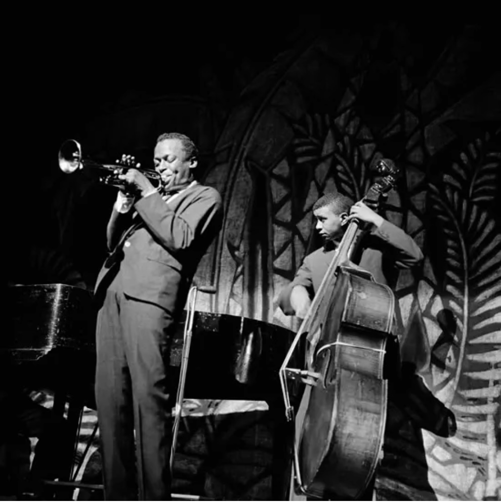 an untitled photograph of musicians Miles Davis and Paul Chambers, taken mid performance. Miles is in the forefront playing the trumpet and Paul is in the background playing the cello.